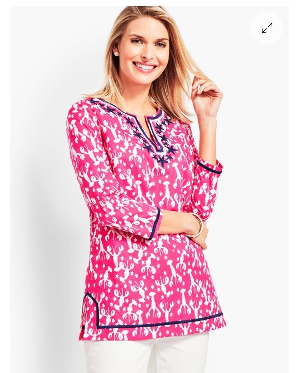 Talbots Coastal Preppy Pink Lobster Tunic Embroidered Nautical Cotton Blouse